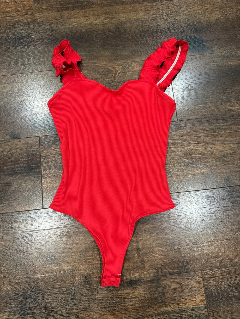 Francesca's Collections Red Ribbed Ruffle Mock-Neck Bodysuit